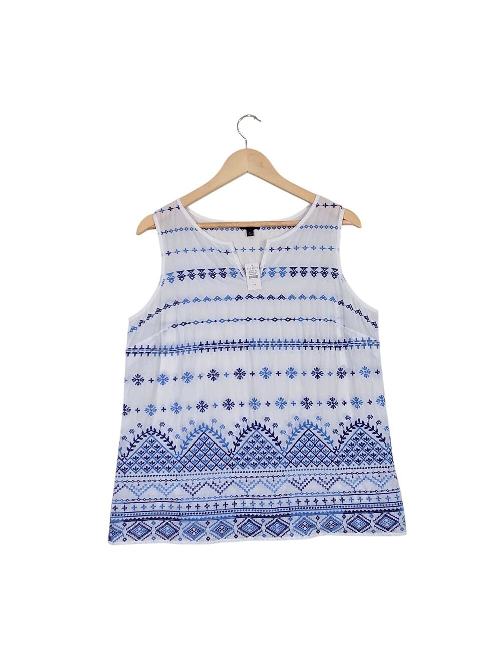 Talbots Embroidered 100% Cotton Tank Top sz M White Blue Sleeveless Notch Neck